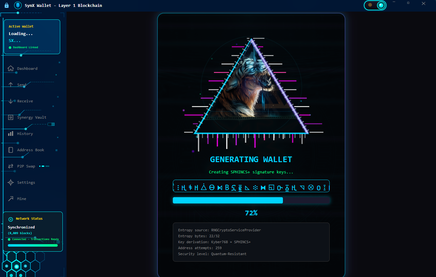 SynergyX 25-word quantum-safe recovery phrase screen — 264-bit entropy mnemonic secured by SPHINCS+ post-quantum digital signatures