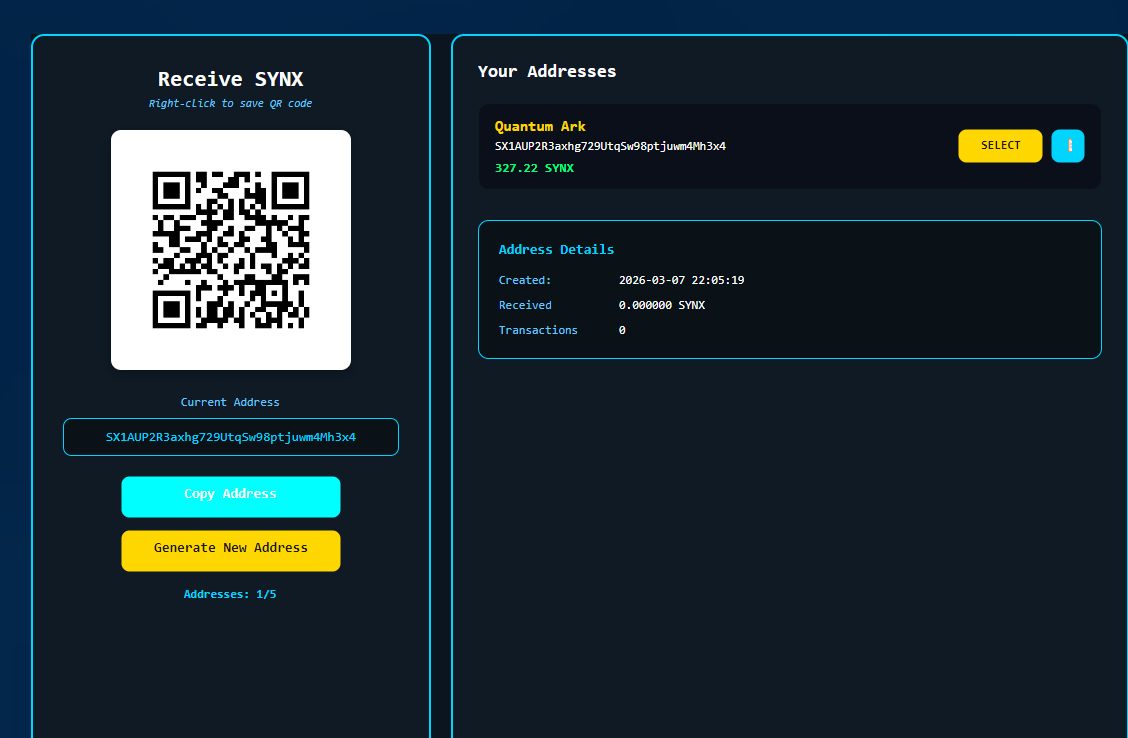 SynergyX wallet receive screen with QR code and Kyber-768 encrypted wallet address for receiving SYNX cryptocurrency