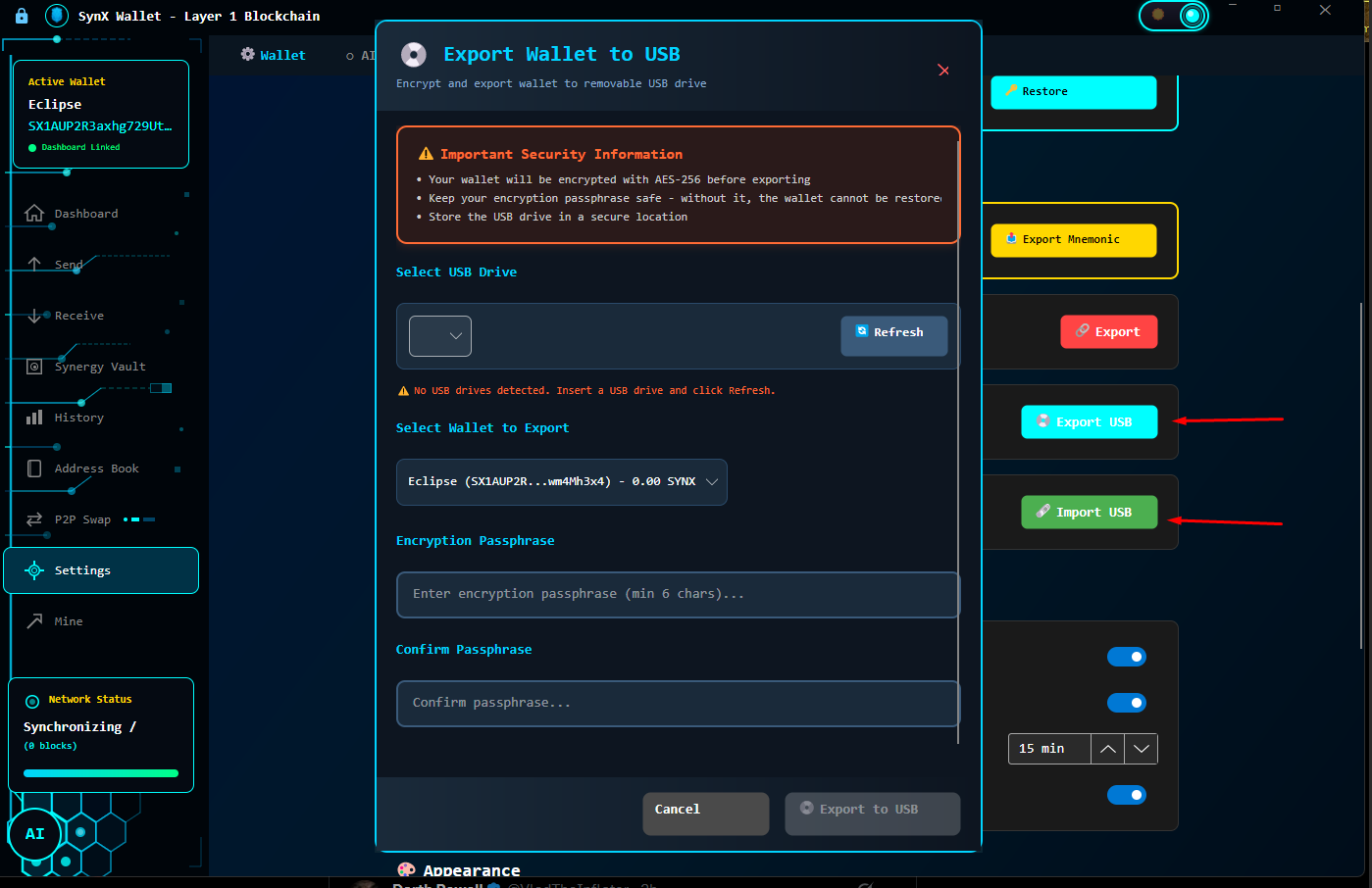 SYNX wallet USB export dialog with drive selection, wallet selection and encryption passphrase fields