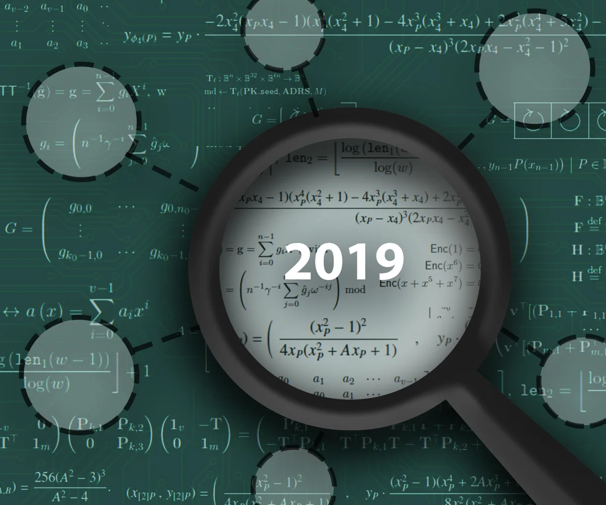 NIST 2019 post-quantum cryptography illustration with equations and a magnifying glass